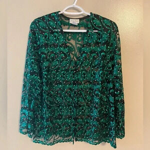 Vintage Kelly Lynn Blouse‎ Sheer Formal Embroidered Sparkle Medium Holiday Green